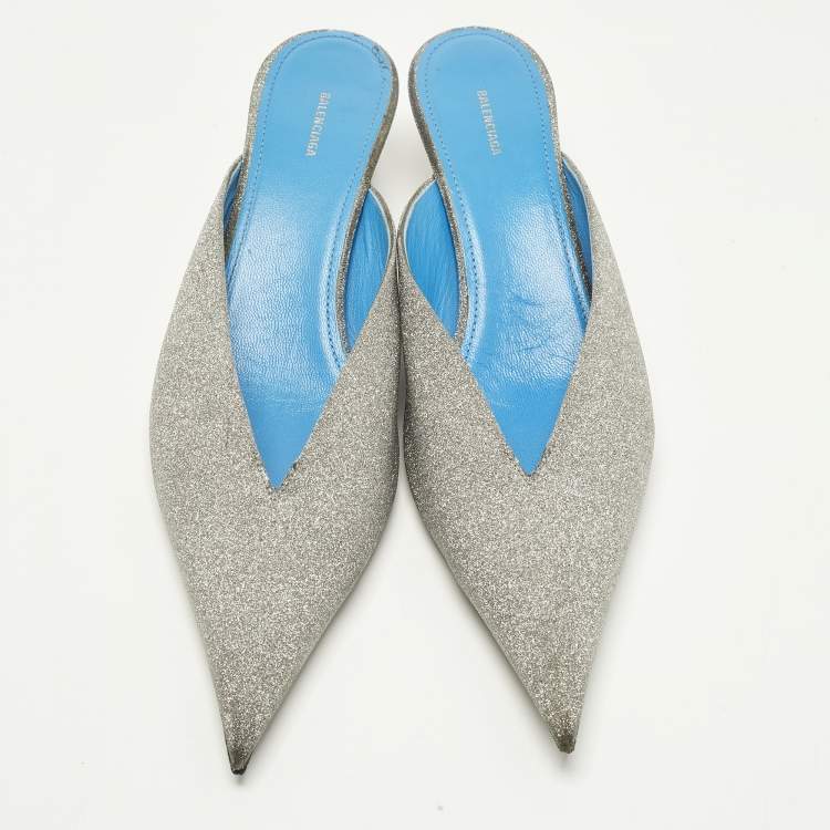 Pre Owned Balenciaga Silver Glitter Knife Pointed Toe Mules Size 39