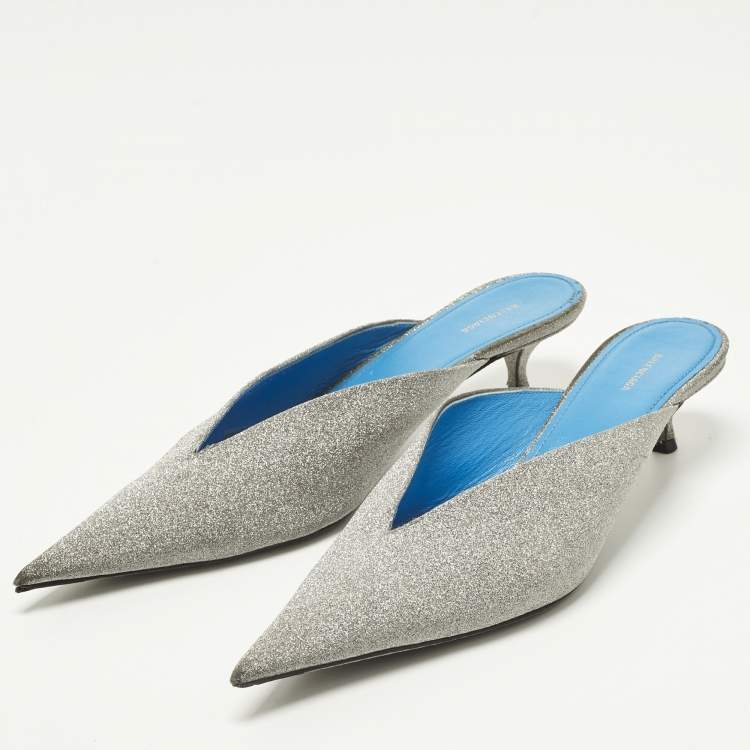 Pre Owned Balenciaga Silver Glitter Knife Pointed Toe Mules Size 39
