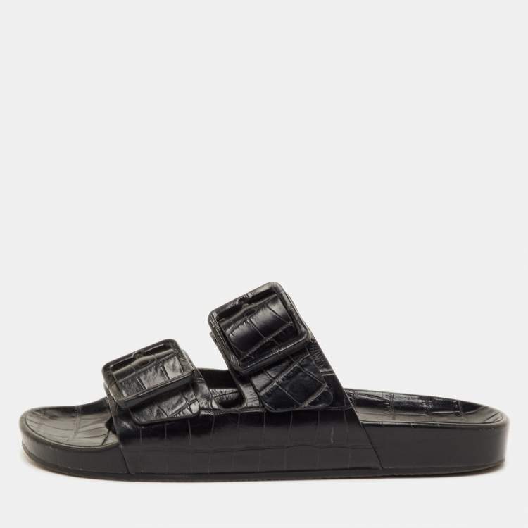 Pre Owned Balenciaga Mallorca Size 41 Black Croc Embossed Leather Banded Buckle Slide Sandals