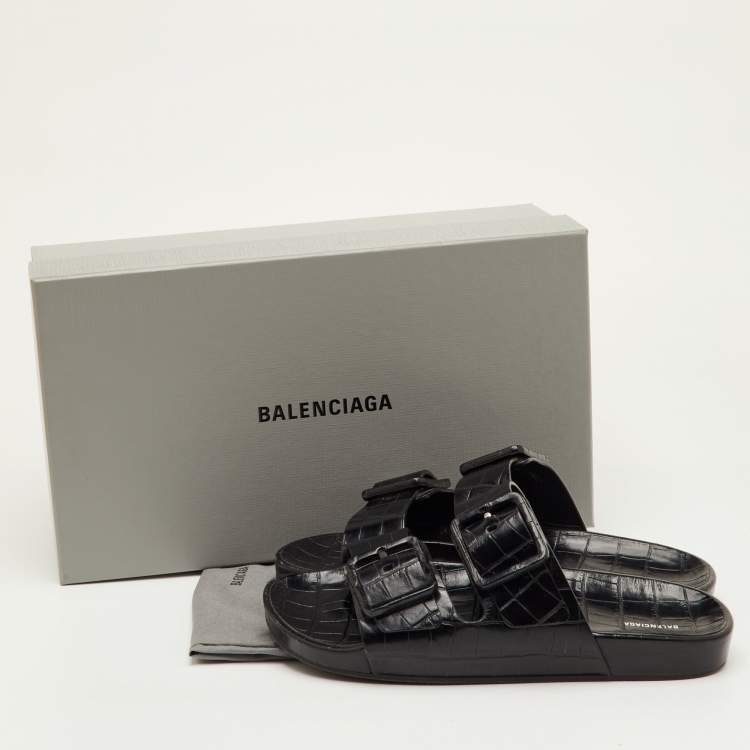 Pre Owned Balenciaga Mallorca Size 41 Black Croc Embossed Leather Banded Buckle Slide Sandals
