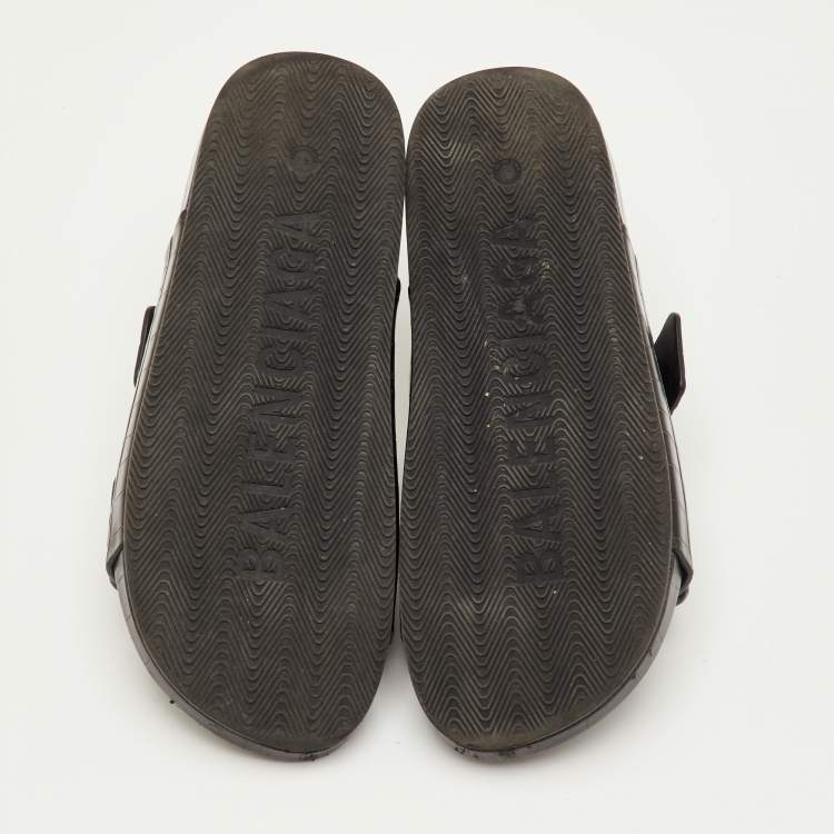 Pre Owned Balenciaga Mallorca Size 41 Black Croc Embossed Leather Banded Buckle Slide Sandals