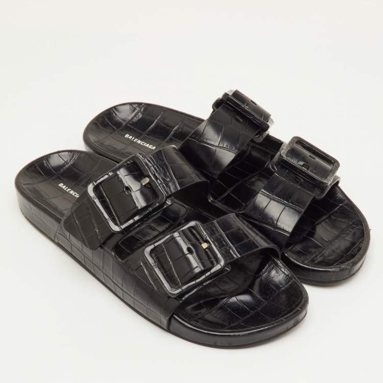 Pre Owned Balenciaga Mallorca Size 41 Black Croc Embossed Leather Banded Buckle Slide Sandals