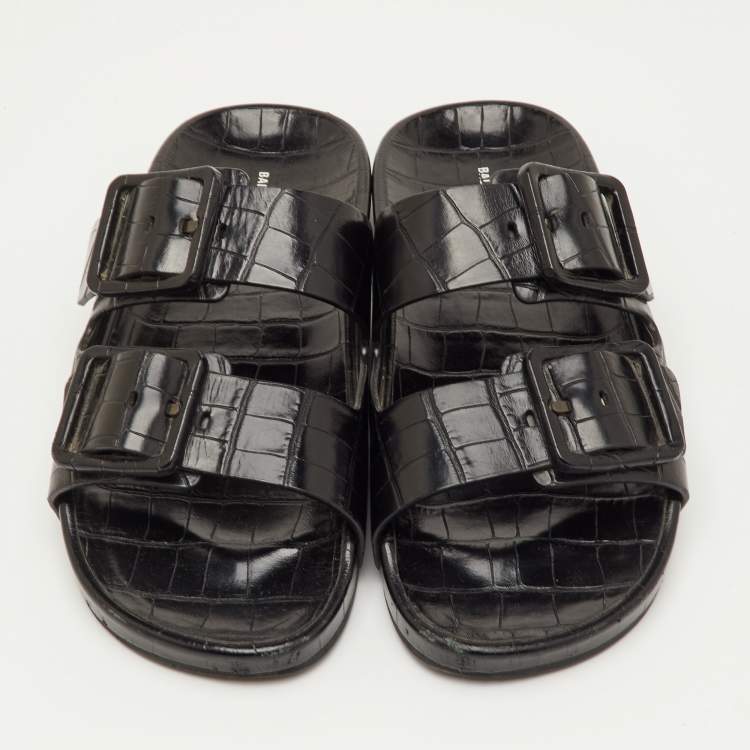 Pre Owned Balenciaga Mallorca Size 41 Black Croc Embossed Leather Banded Buckle Slide Sandals