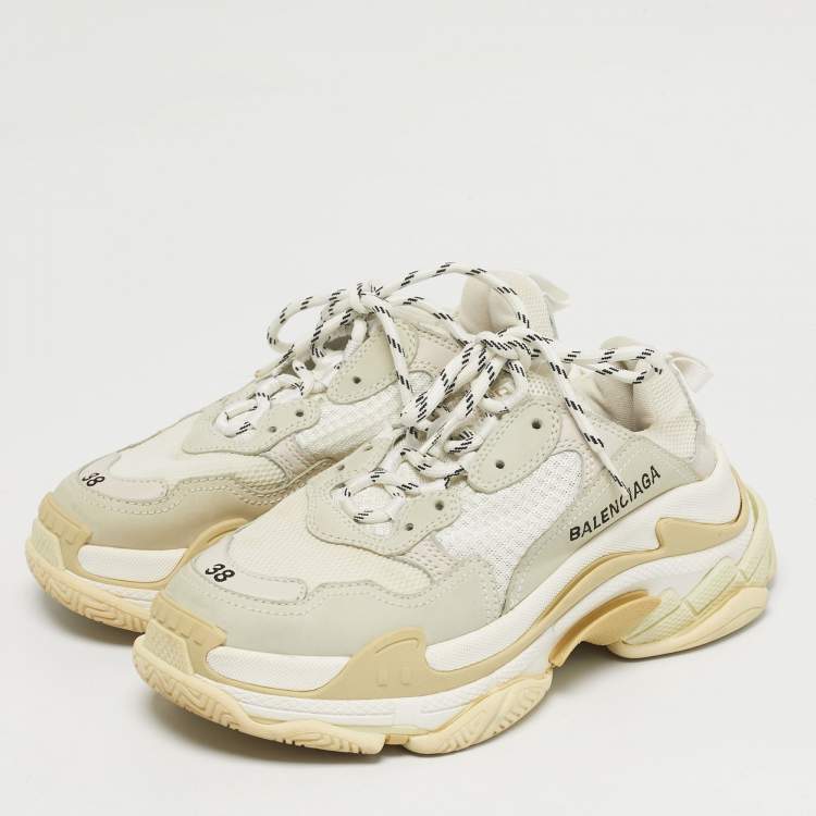 Pre Owned Balenciaga Triple S Size 38 Beige Fabric and Nubuck Leather Lace Up Sneakers