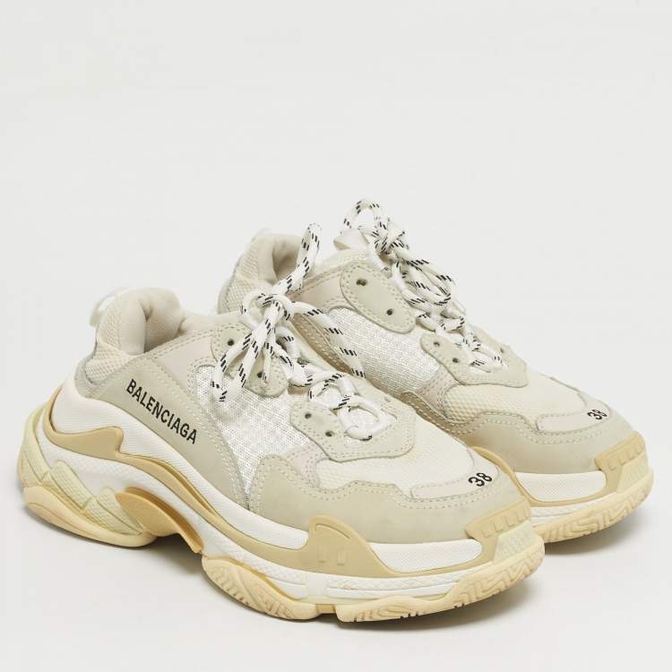Pre Owned Balenciaga Triple S Size 38 Beige Fabric and Nubuck Leather Lace Up Sneakers