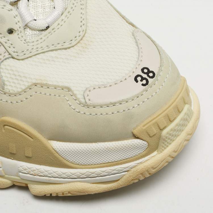 Pre Owned Balenciaga Triple S Size 38 Beige Fabric and Nubuck Leather Lace Up Sneakers