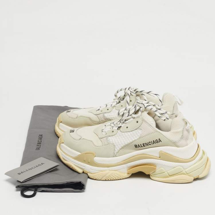 Pre Owned Balenciaga Triple S Size 38 Beige Fabric and Nubuck Leather Lace Up Sneakers