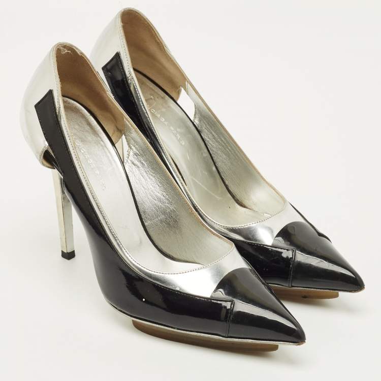 Pre Owned Balenciaga Size 37 Black/Silver Patent and Leather Pointed Toe Pumps