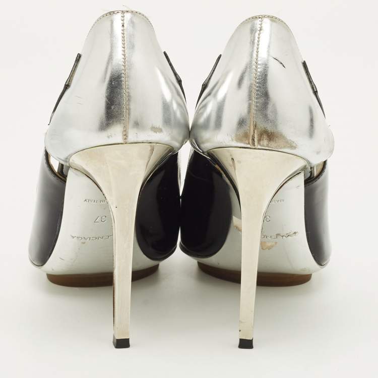 Pre Owned Balenciaga Size 37 Black/Silver Patent and Leather Pointed Toe Pumps