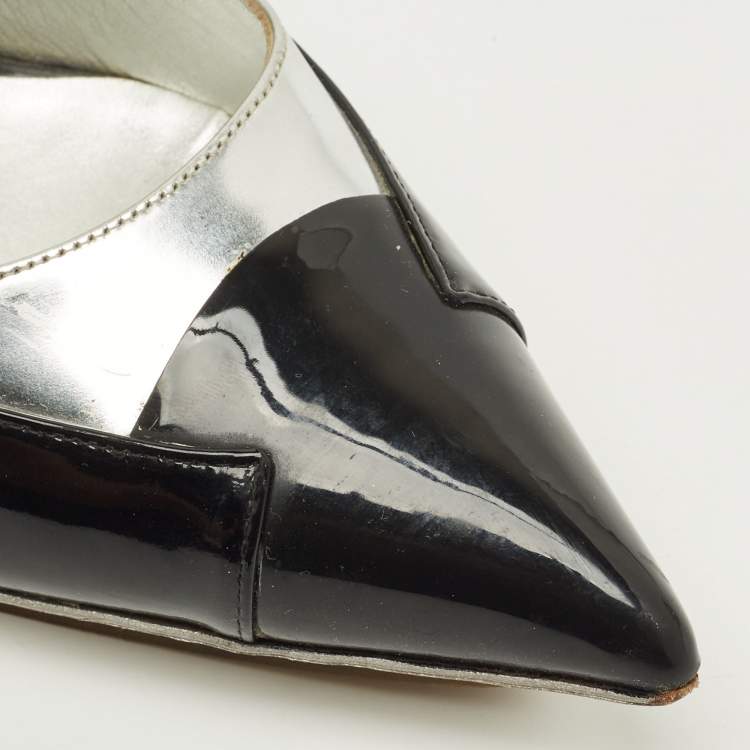 Pre Owned Balenciaga Size 37 Black/Silver Patent and Leather Pointed Toe Pumps