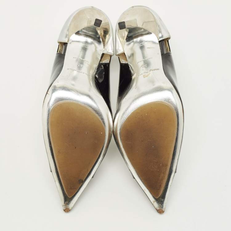 Pre Owned Balenciaga Size 37 Black/Silver Patent and Leather Pointed Toe Pumps