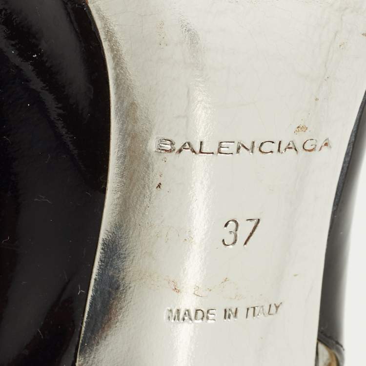 Pre Owned Balenciaga Size 37 Black/Silver Patent and Leather Pointed Toe Pumps