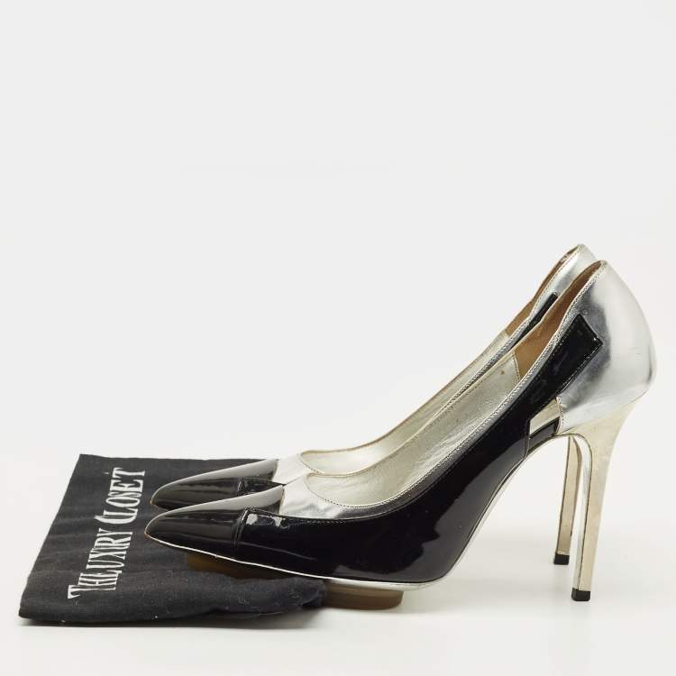 Pre Owned Balenciaga Size 37 Black/Silver Patent and Leather Pointed Toe Pumps