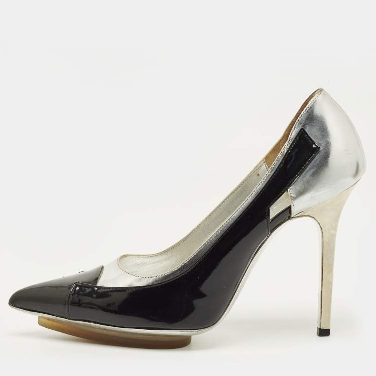 Pre Owned Balenciaga Size 37 Black/Silver Patent and Leather Pointed Toe Pumps