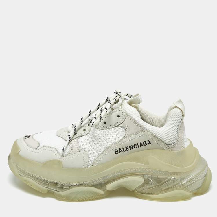 Pre Owned Balenciaga Triple S Size 36 White Fabric and Faux Leather Lace Up Sneakers