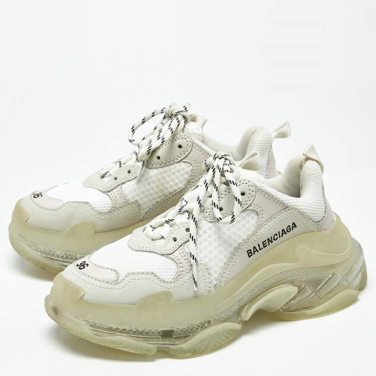 Pre Owned Balenciaga Triple S Size 36 White Fabric and Faux Leather Lace Up Sneakers