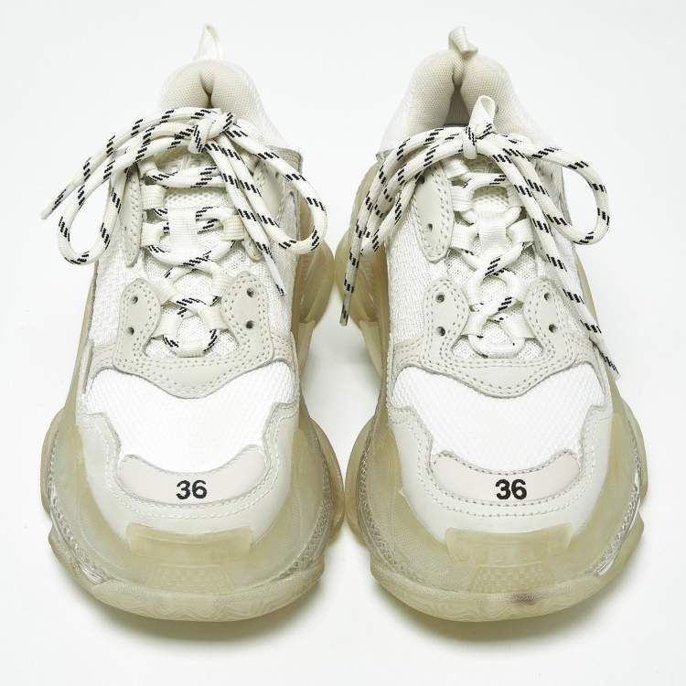 Pre Owned Balenciaga Triple S Size 36 White Fabric and Faux Leather Lace Up Sneakers