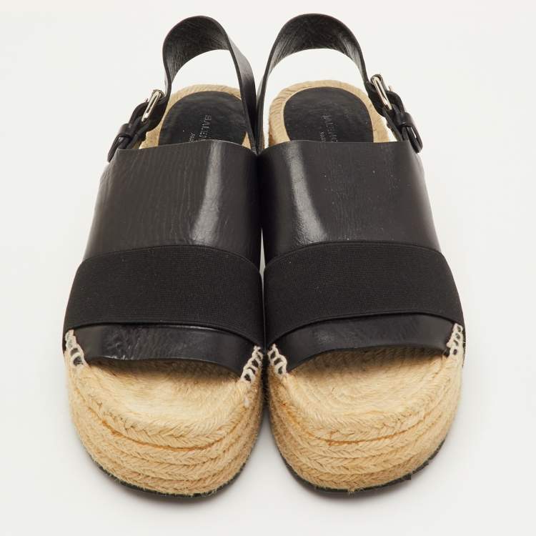 Pre Owned Balenciaga Size 37 Black Leather and Stretch Band Platform Espadrille Sandals