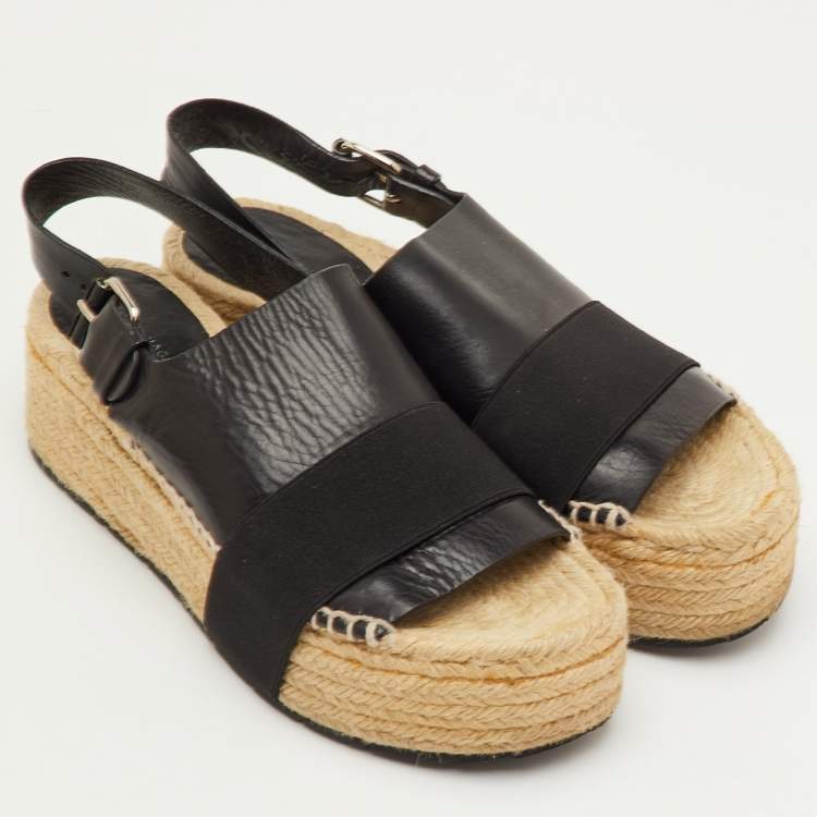 Pre Owned Balenciaga Size 37 Black Leather and Stretch Band Platform Espadrille Sandals