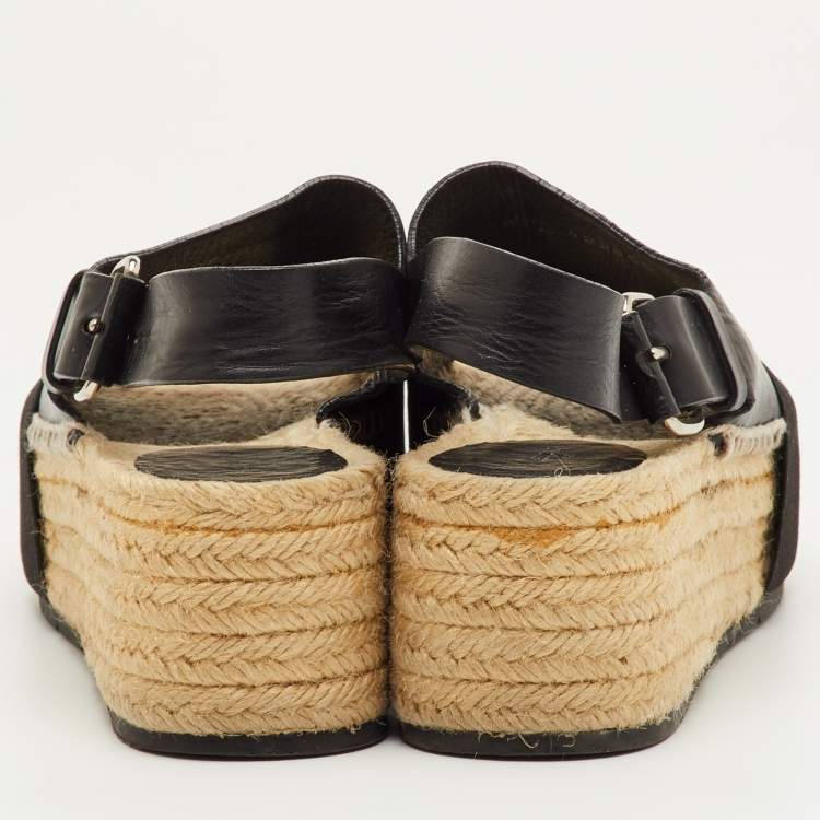 Pre Owned Balenciaga Size 37 Black Leather and Stretch Band Platform Espadrille Sandals