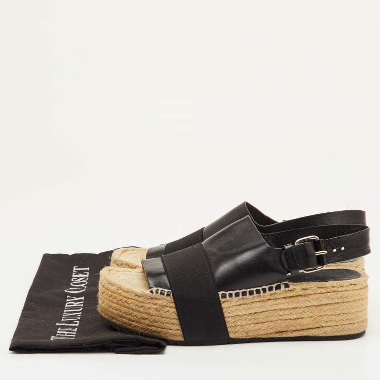 Pre Owned Balenciaga Size 37 Black Leather and Stretch Band Platform Espadrille Sandals