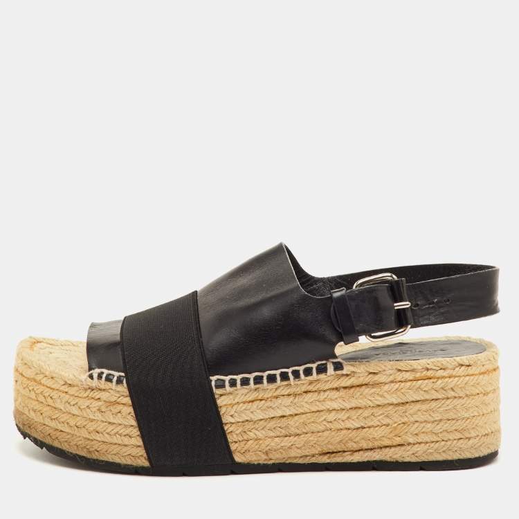 Pre Owned Balenciaga Size 37 Black Leather and Stretch Band Platform Espadrille Sandals