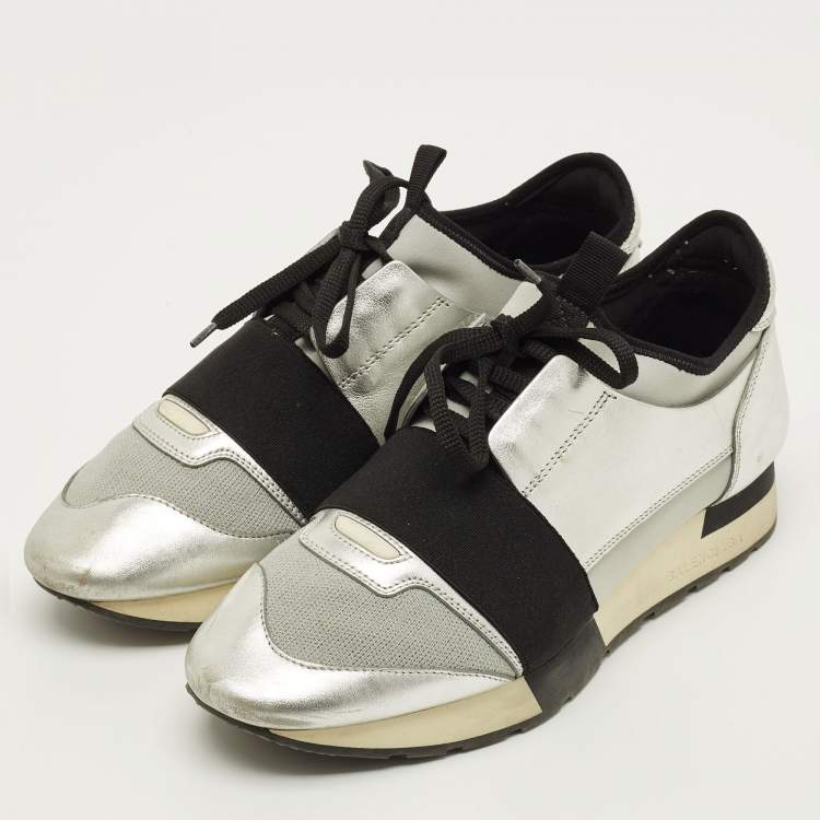 Pre Owned Balenciaga Race Runner Size 39 Silver/Grey Leather and Mesh Low Top Sneakers