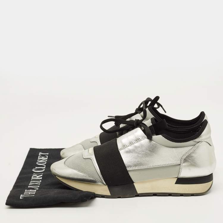 Pre Owned Balenciaga Race Runner Size 39 Silver/Grey Leather and Mesh Low Top Sneakers