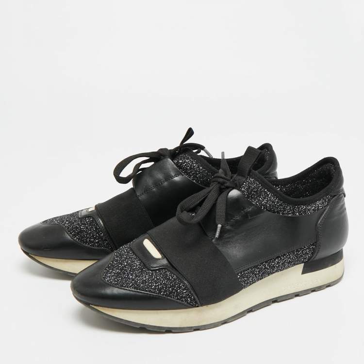 Pre Owned Balenciaga Race Runner Size 39 Black Leather and Stretch Fabric Low Top Sneakers