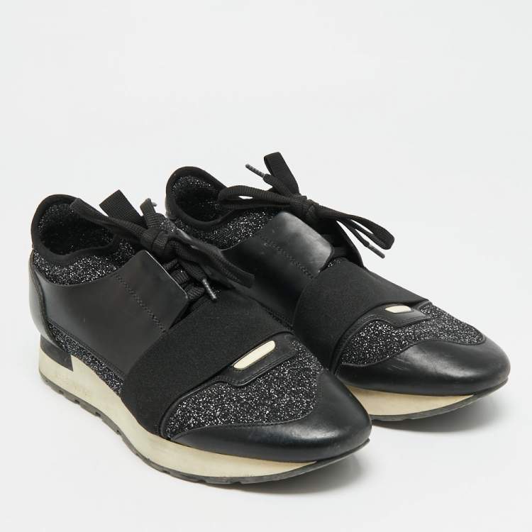 Pre Owned Balenciaga Race Runner Size 39 Black Leather and Stretch Fabric Low Top Sneakers