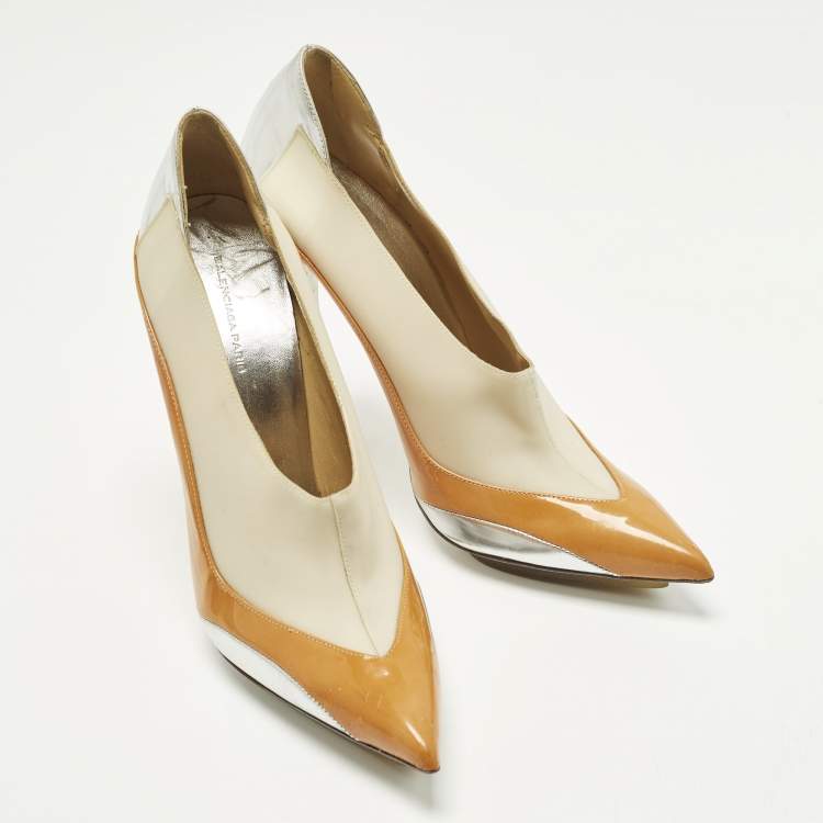 Pre Owned Balenciaga Size 41Tricolor Faux Leather and Patent Leather Pointed Toe Platform Pumps