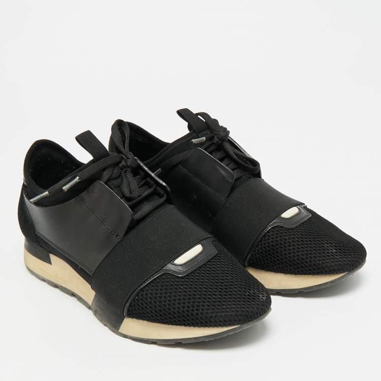 Pre Owned Balenciaga Race Runner Size 38 Black Mesh and Suede Low Top Sneakers