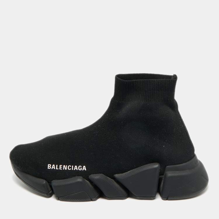 Pre Owned Balenciaga Speed Trainer Size 39 Black Knit Fabric High Top Sneakers