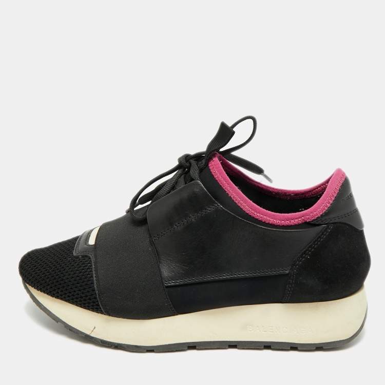 Pre Owned Balenciaga Race Runner Size 35 Black Mesh and Suede Lace Up Sneakers