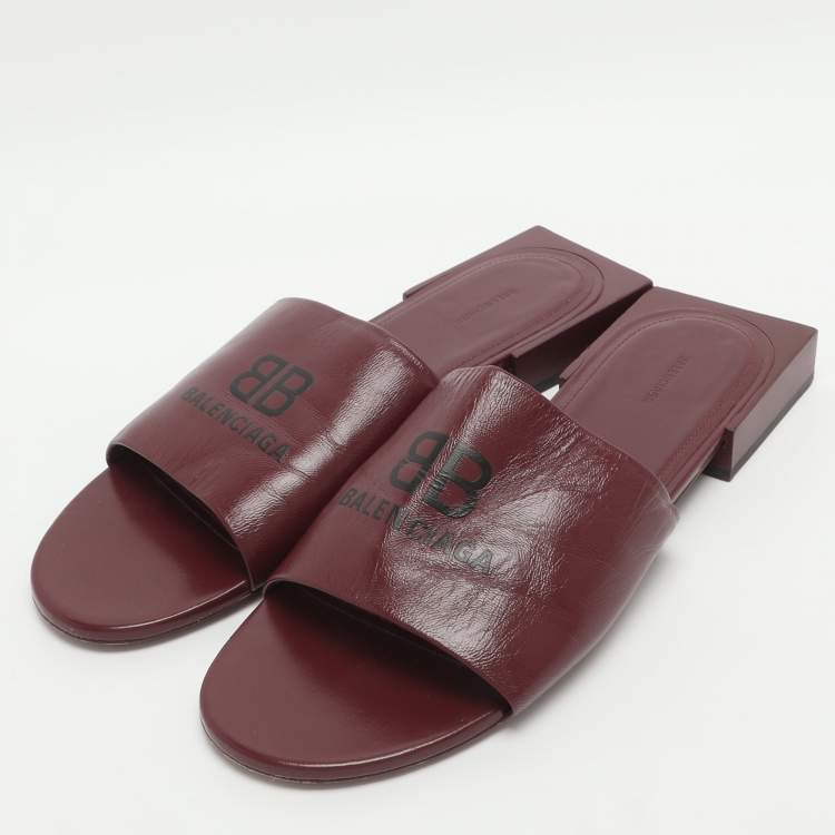 Pre Owned Balenciaga Size 39 Burgundy Leather Logo Box Flat Slides 