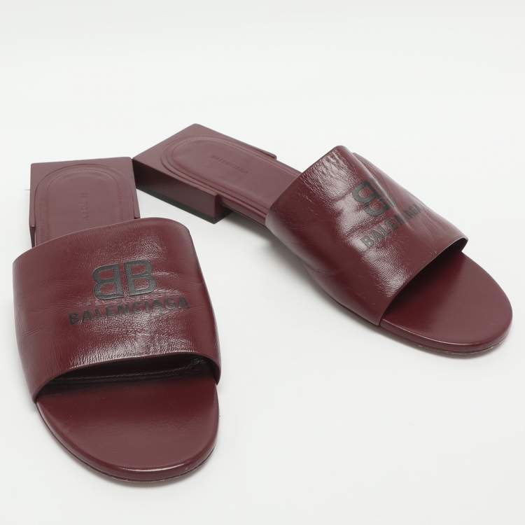 Pre Owned Balenciaga Size 39 Burgundy Leather Logo Box Flat Slides 