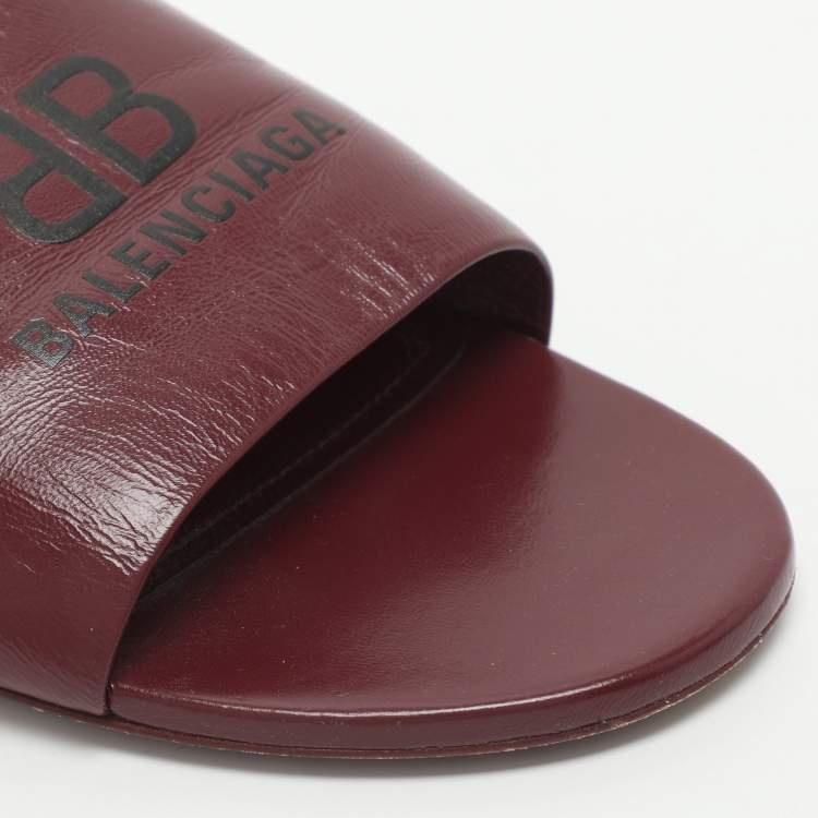 Pre Owned Balenciaga Size 39 Burgundy Leather Logo Box Flat Slides 