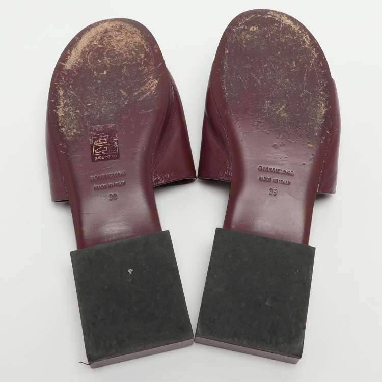Pre Owned Balenciaga Size 39 Burgundy Leather Logo Box Flat Slides 