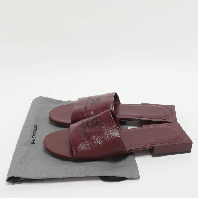 Pre Owned Balenciaga Size 39 Burgundy Leather Logo Box Flat Slides 
