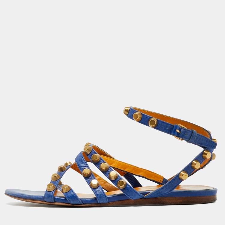 Pre Owned Balenciaga Arena Size 38 Blue Leather Ankle Strap Flats