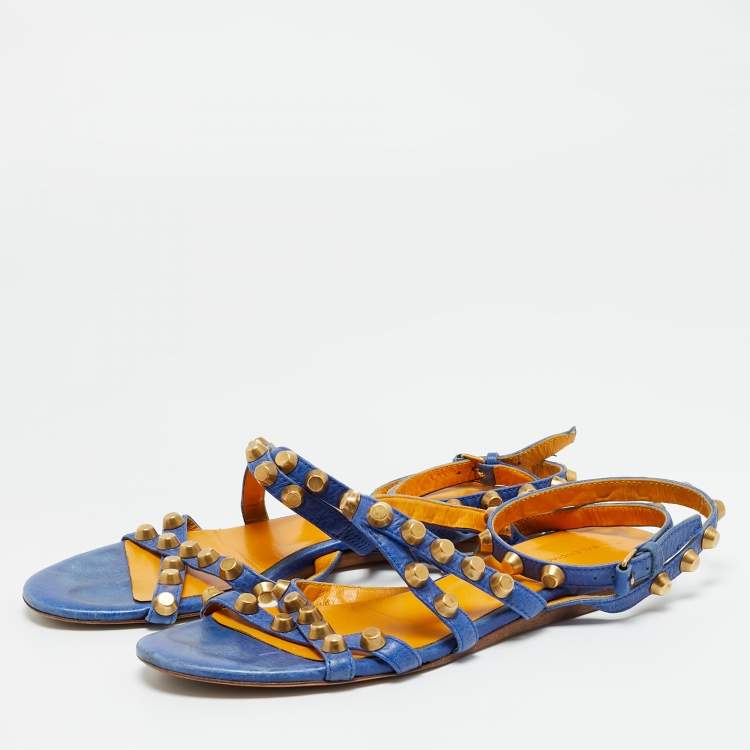 Pre Owned Balenciaga Arena Size 38 Blue Leather Ankle Strap Flats