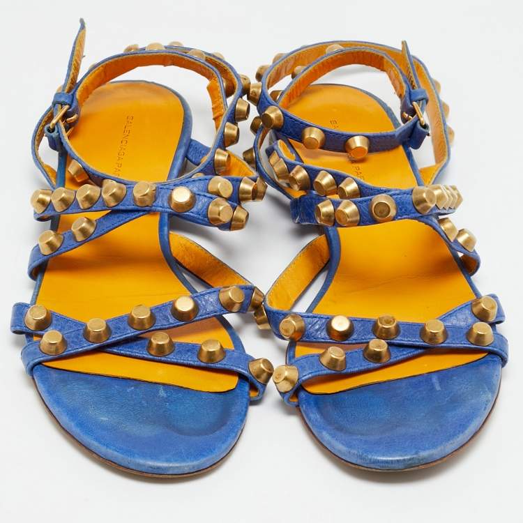 Pre Owned Balenciaga Arena Size 38 Blue Leather Ankle Strap Flats