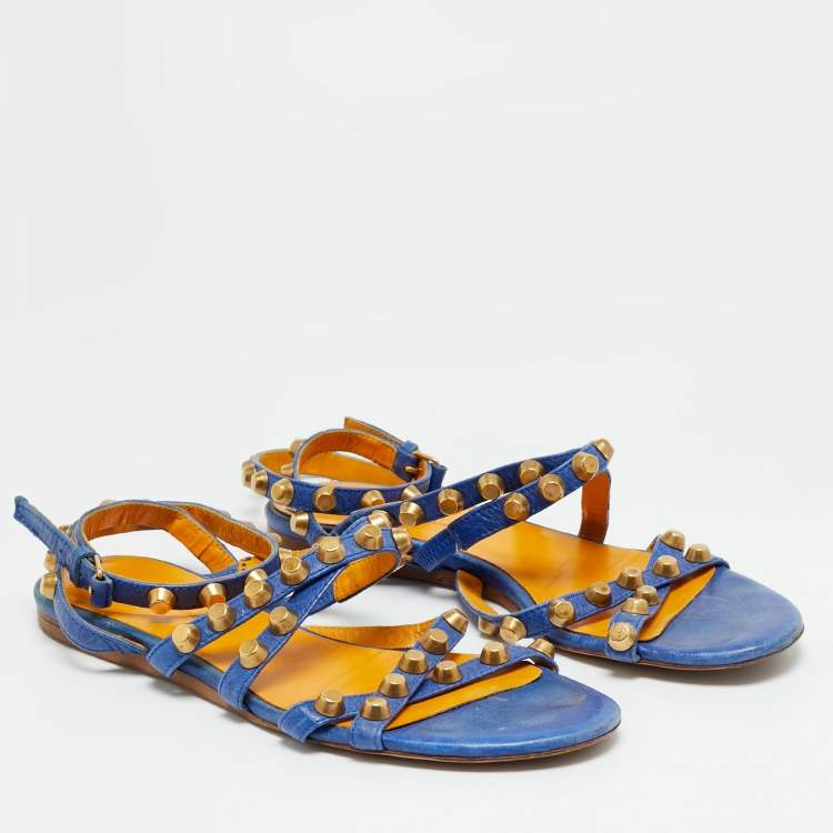 Pre Owned Balenciaga Arena Size 38 Blue Leather Ankle Strap Flats