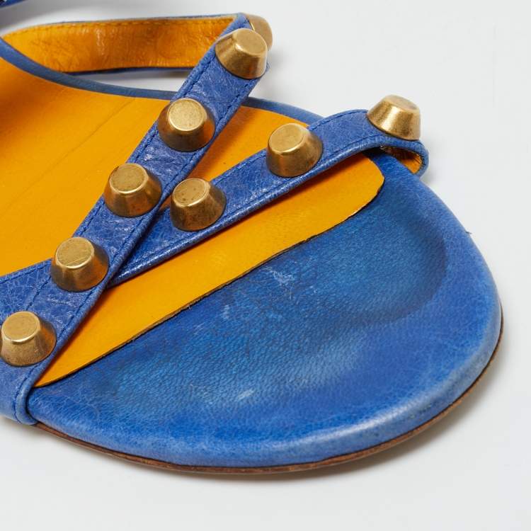 Pre Owned Balenciaga Arena Size 38 Blue Leather Ankle Strap Flats