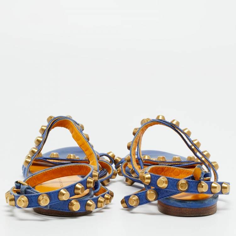 Pre Owned Balenciaga Arena Size 38 Blue Leather Ankle Strap Flats