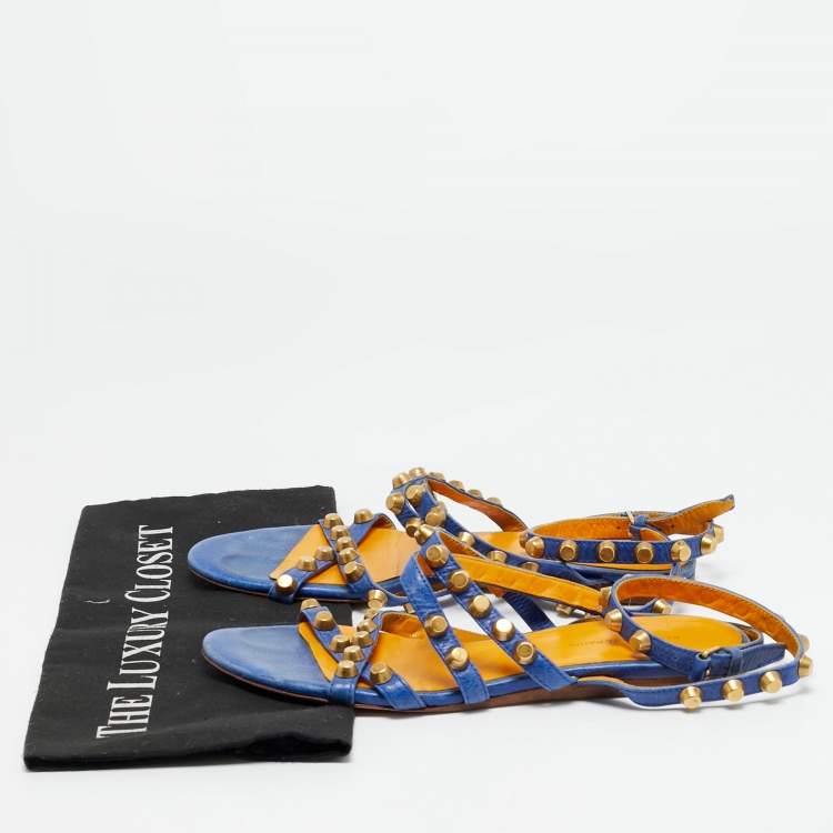 Pre Owned Balenciaga Arena Size 38 Blue Leather Ankle Strap Flats