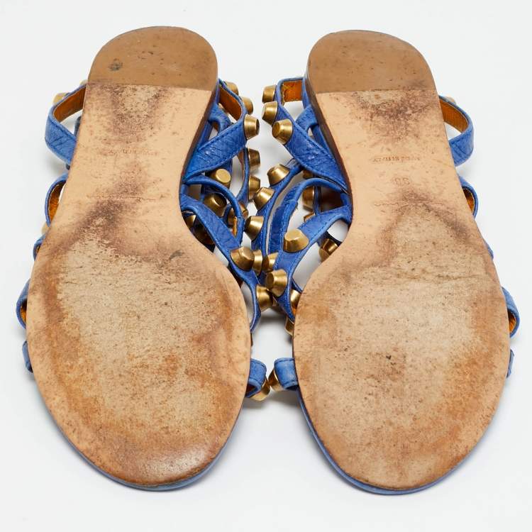 Pre Owned Balenciaga Arena Size 38 Blue Leather Ankle Strap Flats