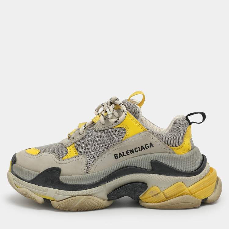 Pre Owned Balenciaga Triple S Size 36 Grey/Yellow Leather and Mesh Lace Up Sneakers