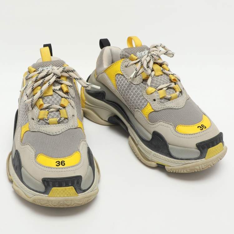 Pre Owned Balenciaga Triple S Size 36 Grey/Yellow Leather and Mesh Lace Up Sneakers