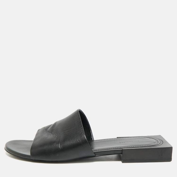 Pre Owned Balenciaga Box Size 37 Black Leather Flat Slides